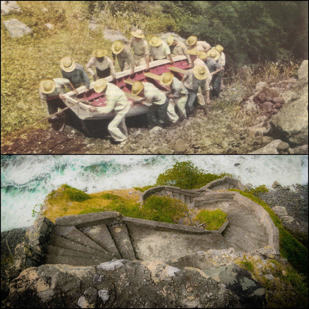 Top: Sabans carry boat up The Ladder in 1940 Bottom: The Ladder today 