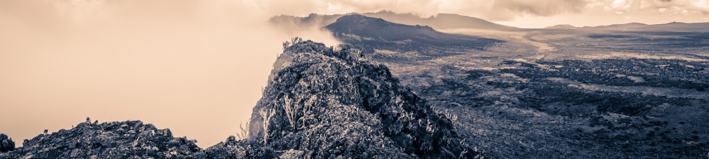 Pano: Atop Shira Cathedral, Unseeable Mist To The Left, Shira Plateau to the Right. 