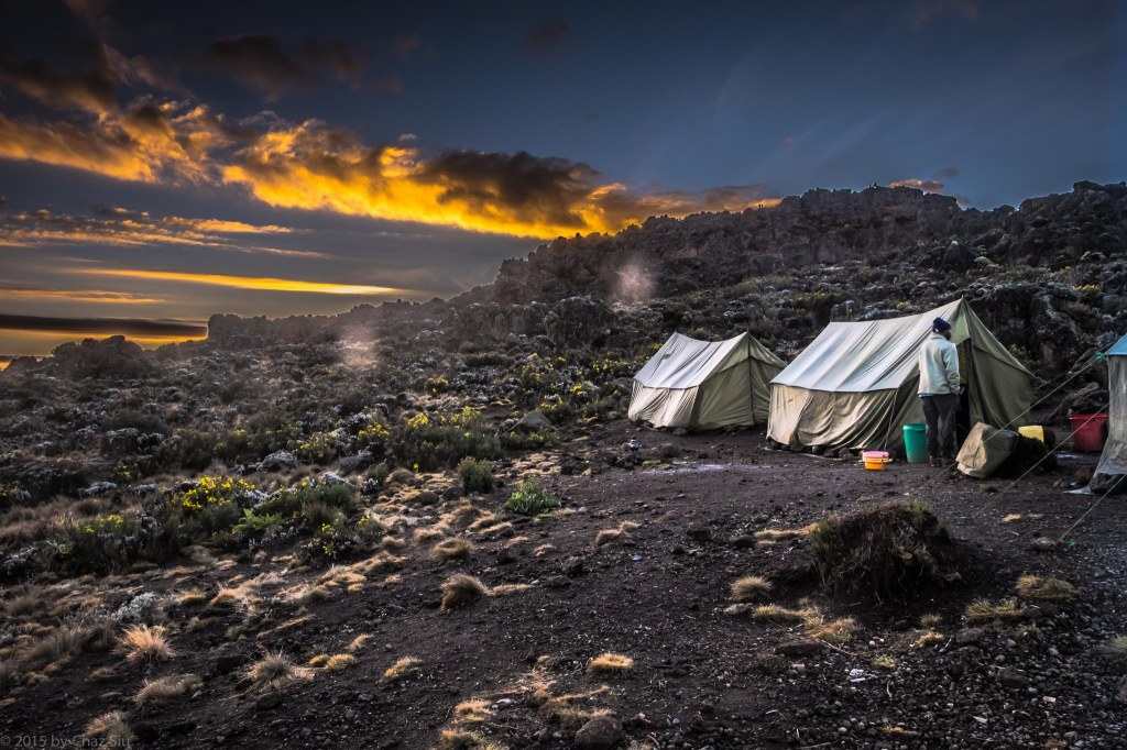 Cooking And Mess Tents At Sunrise - Third Cave. You can see the rock formations I climbed for the early AM photos of Kili. 