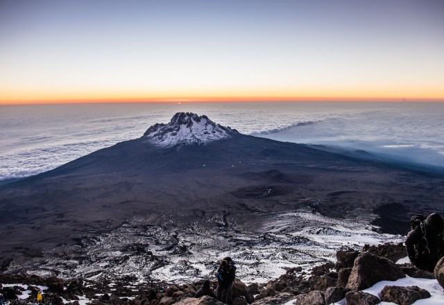 The Earth is Curved..6:30am Crater Rim Sunrise With Mawenzi and Clouds Below Us 