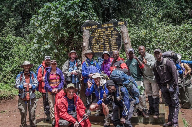Lemosho Gate Start: Left to Right, Paul, Rhys, Kitt, Me, Cort, Caryl, Alex, Irina, Halid, JT, Chef Joseph, Viviano, Said