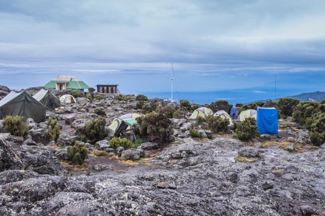 Shira Hut Camp In the AM Before We Rolled Out, Outline Of Mt Meru On The Horizon, Right'